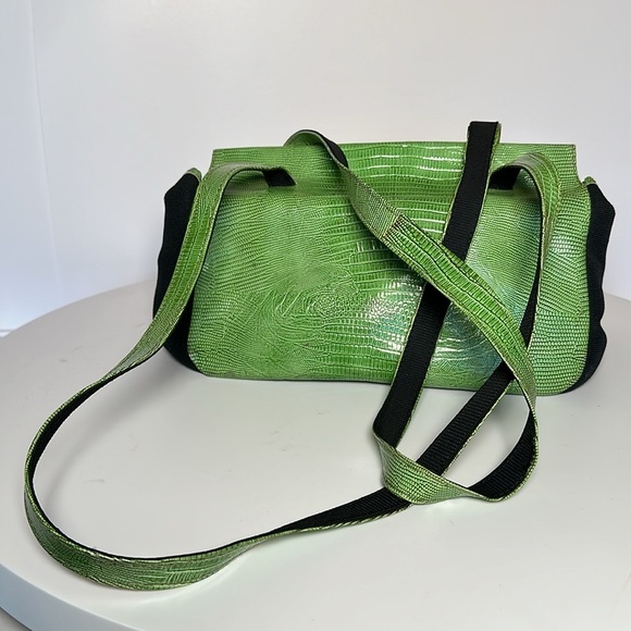 ITALY CROCODILE LEATHER green & black canvas one of a kind long straps - Picture 1 of 17
